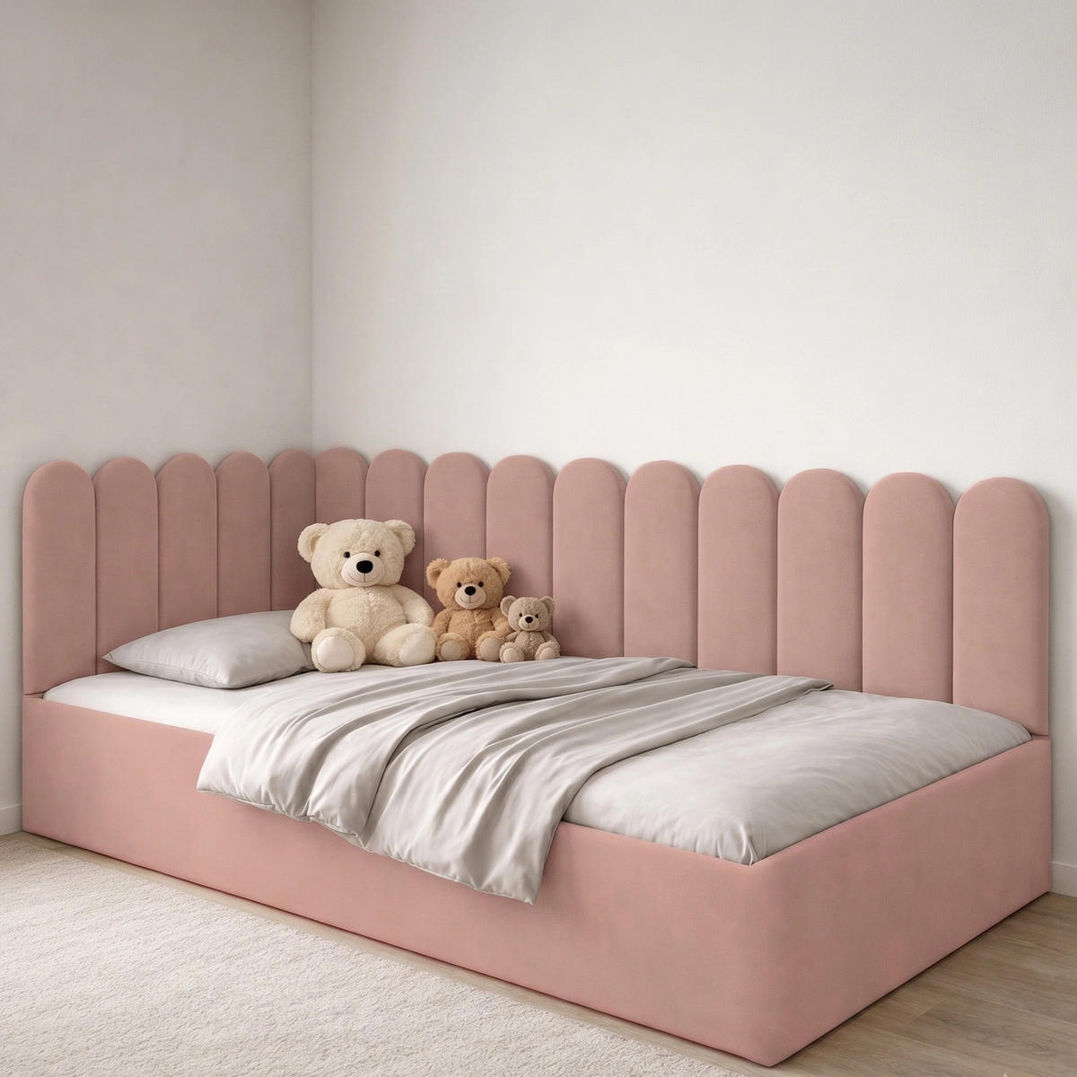 JUGENDBETT Junior Dunkles Puderrosa Samtvelours mit Wandpaneelen - 120x200 cm - Bettkasten - Altrosa, Holzwerkstoff/Textil (120/200cm) - Ravio
