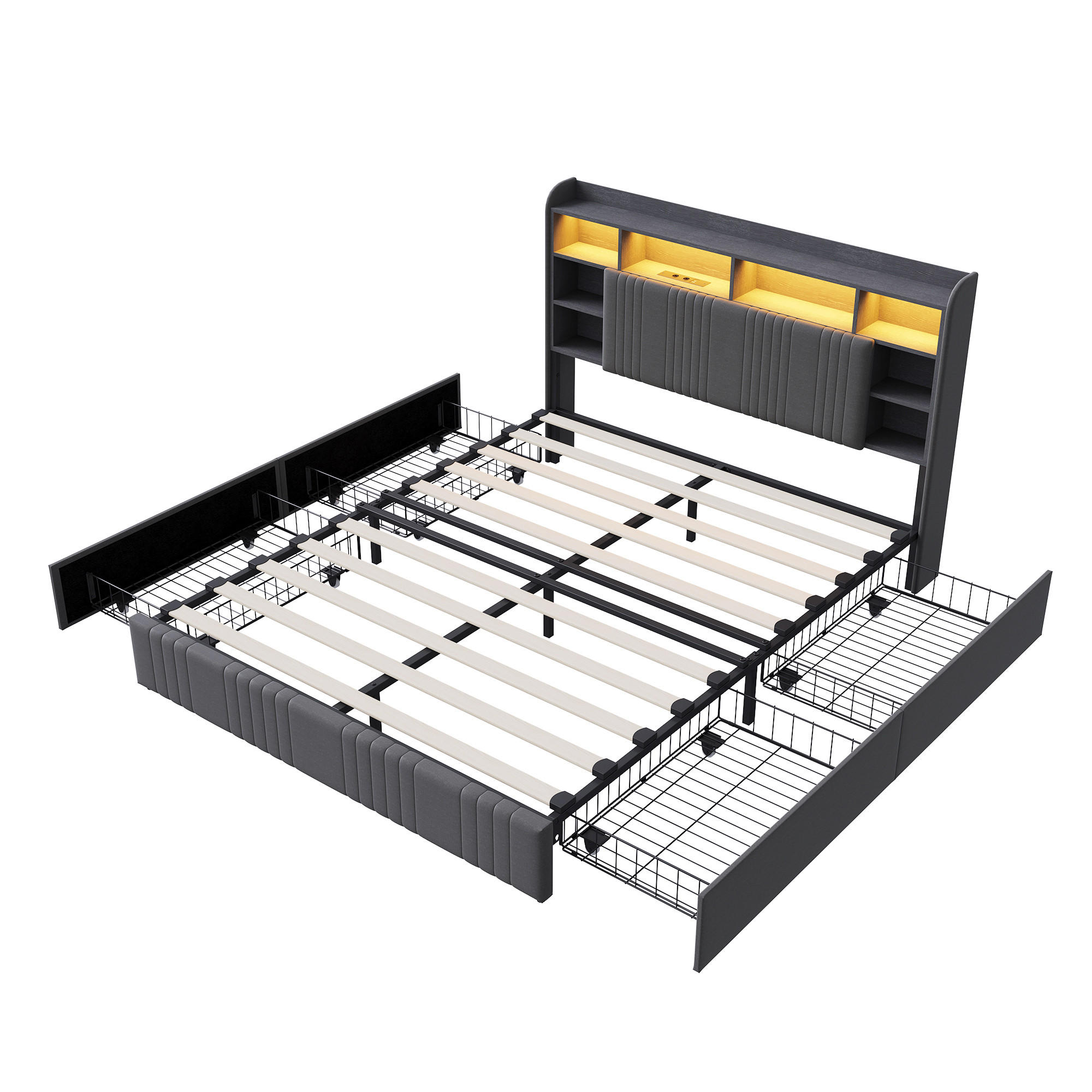 POLSTERBETT 160x200cm GRAU Leinenstoff, 4 Schubladen, LED, USB/USB-C - Grau, Metall - SHOPENTRA