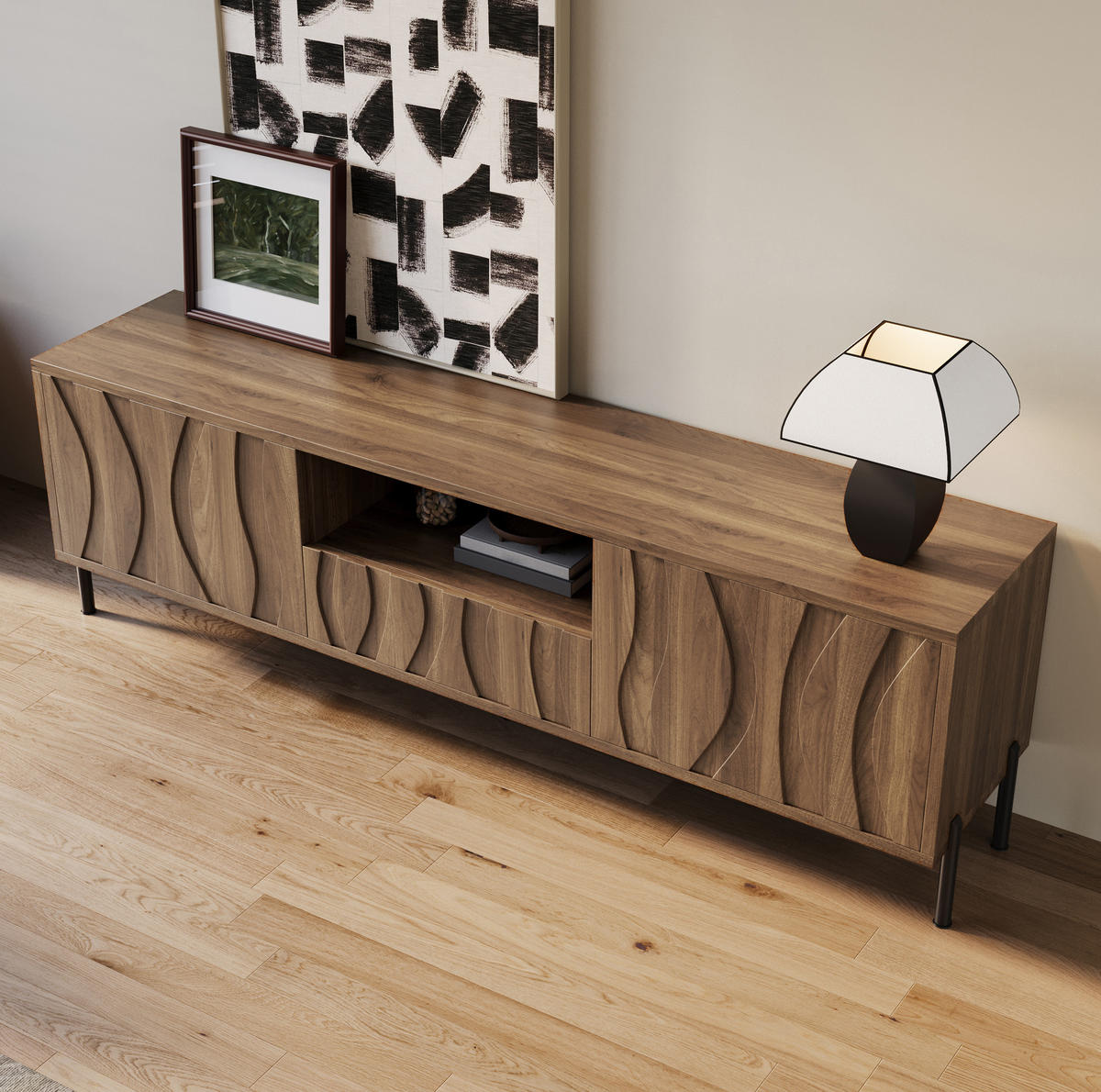TV stolek 160/35/46 cm přírodní z MDF s vlnitými dvířky a úložným prostorem - přírodní, kompozitní dřevo (160/46/35cm) - OKWISH