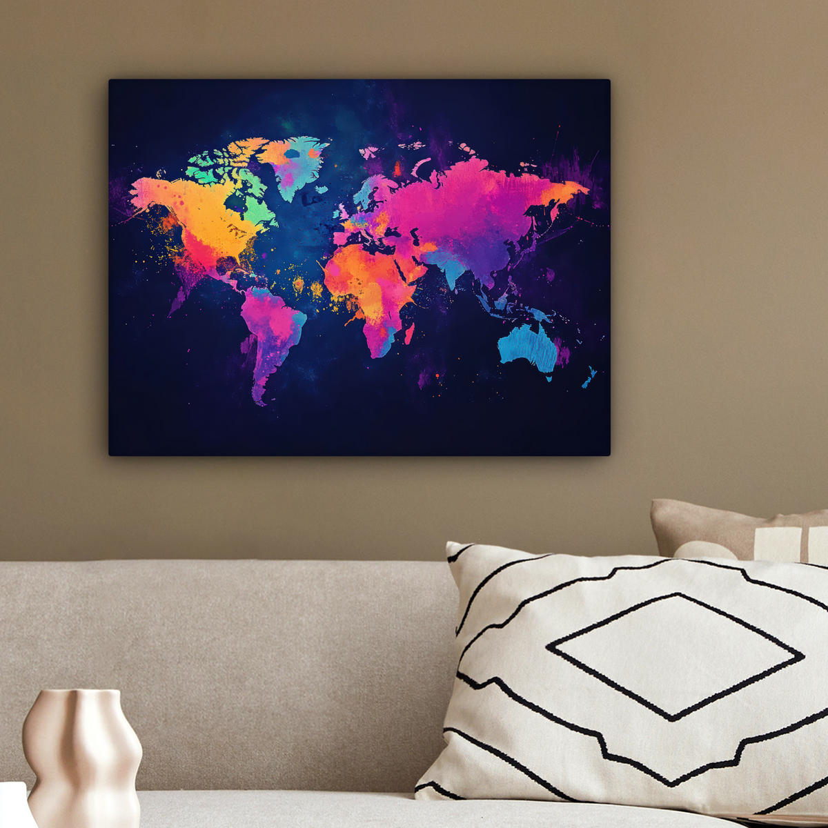 LEINWANDBILD Weltkarte - Bunt - Graffiti 40x30 cm - Multicolor, Textil (40/30cm) - MuchoWow