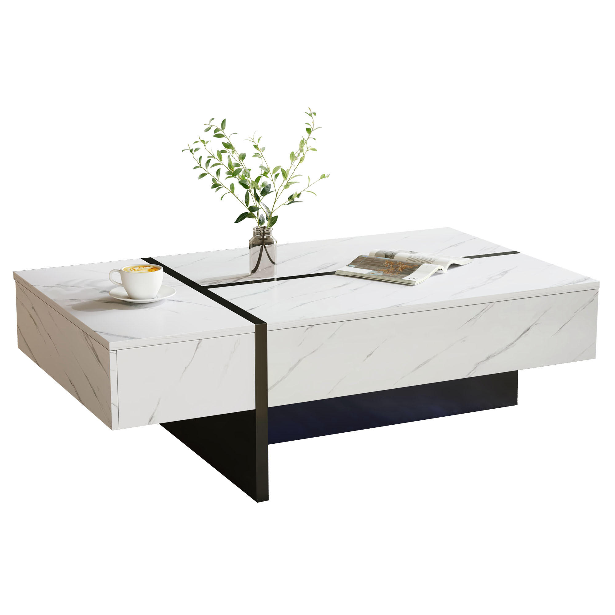 COUCHTISCH Weiß mit marmormusterter Hochglanzplatte und drei Schubladen 105 × 60 × 35 cm - Weiß, Holzwerkstoff (60/105/35cm) - Luhomfu