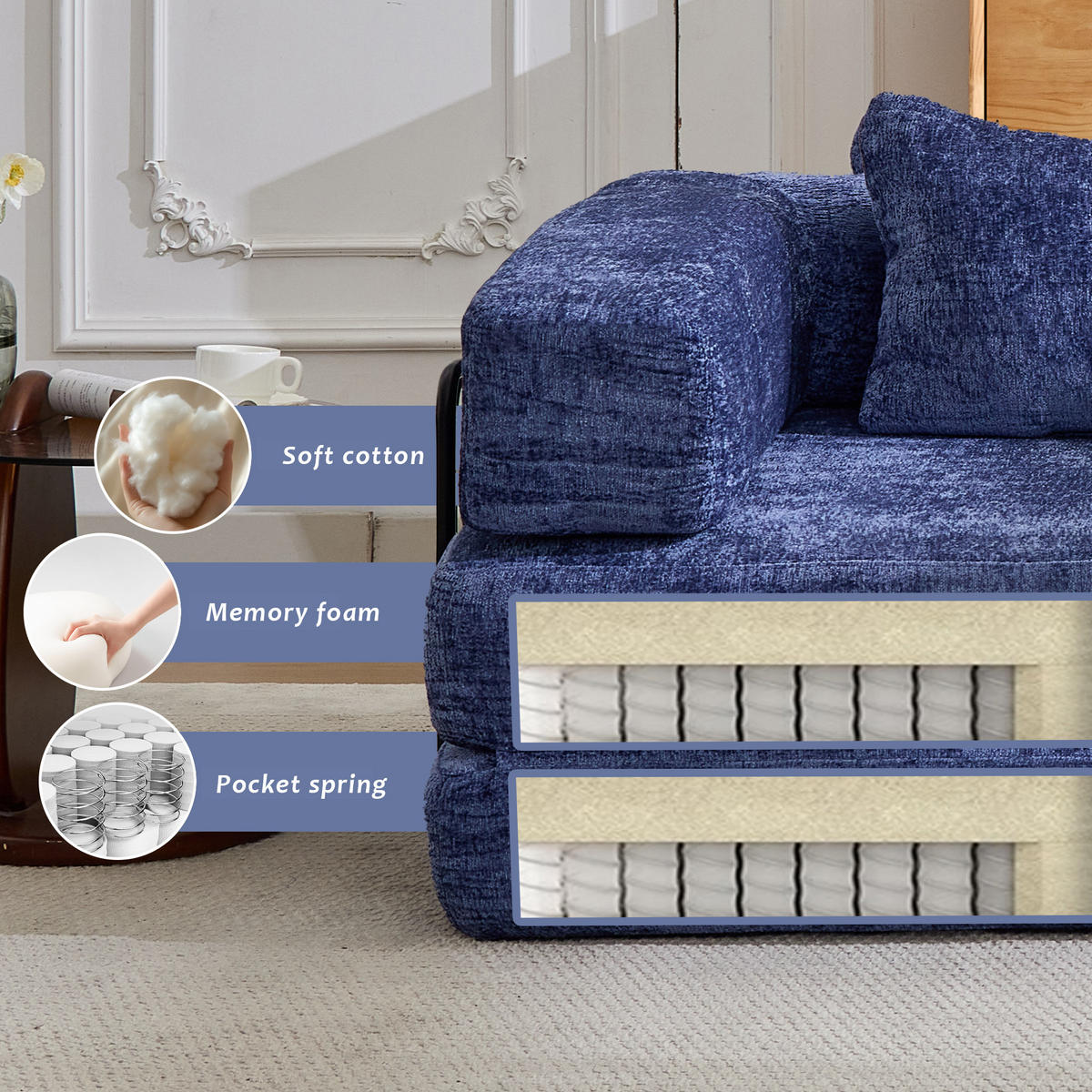 SCHLAFSOFA 2-in-1 faltbar mit Formrahmen, DE-42526, Dunkelblau - Dunkelblau, Textil (200/63/100cm) - ComfortXL