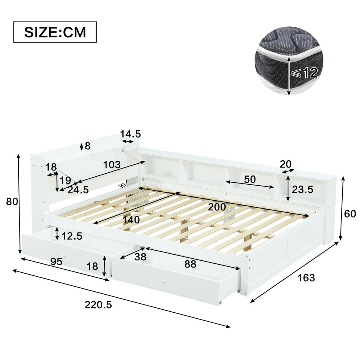 KREVET 140/200 cm s uzglavljem s policom, 2 svjetiljke, USB priključkom i spremištem, Bijeli - bijela, drvo (140/200cm) - Redom