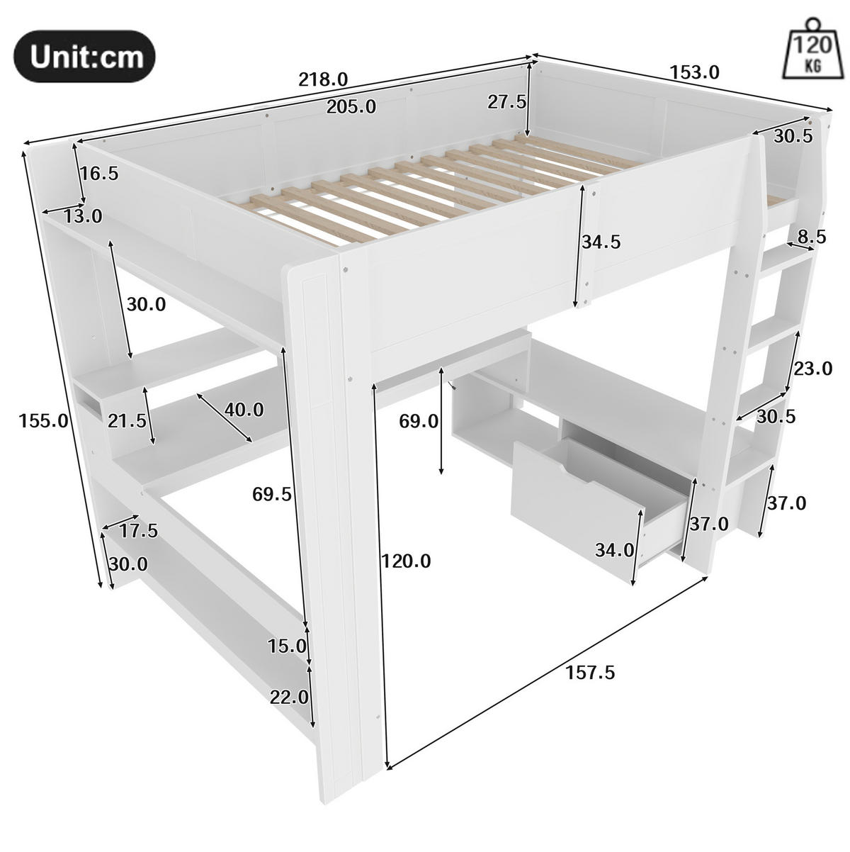 HOCHBETT 140/200 cm weiß Gaming Bett mit Schreibtisch und LED-Beleuchtung - Weiß, Holz (140/200cm) - OKWISH