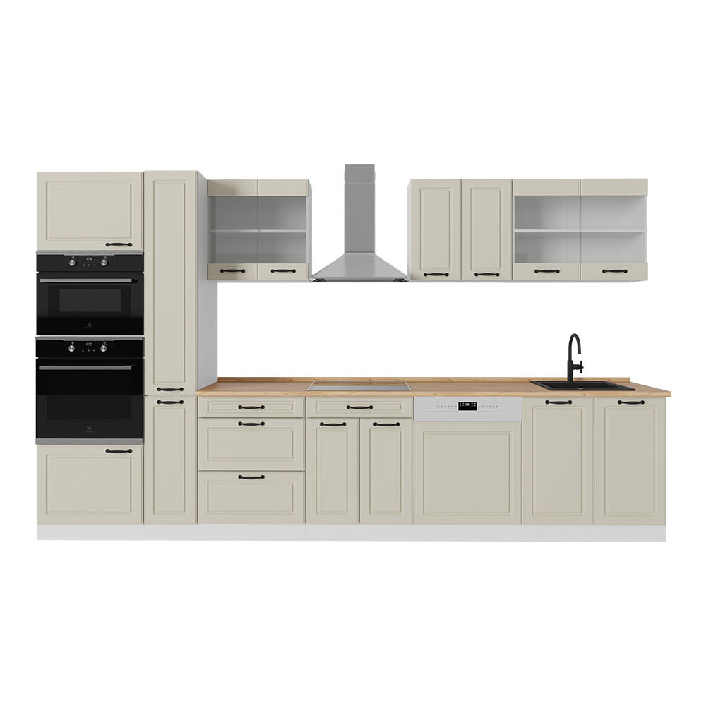 KÜCHENZEILE R-Line, Sand Landhaus/Weiß, 350 cm Arbeitsplatte Goldkraft Eiche - Beige/Weiß, Holzwerkstoff (350/206.8/60cm) - Vicco