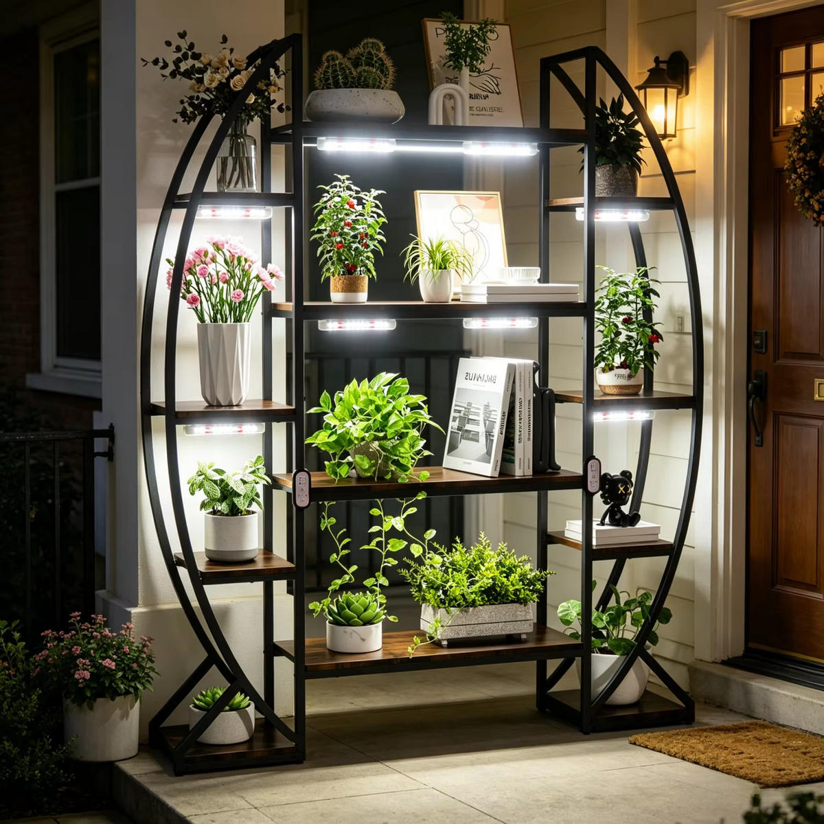 PFLANZENREGAL Halbmond Metall Blumenregal mehrstufig LED - Braun, Metall (115/177/30cm) - Kaket