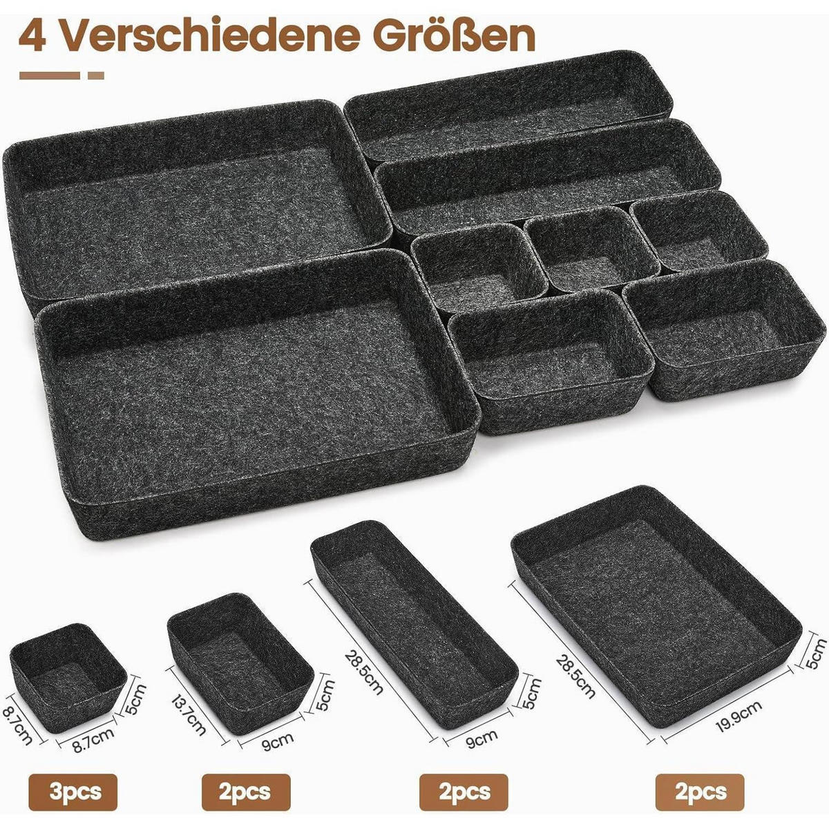SCHUBLADEN Organizer 9-teiliges Set Filz Dunkelgrau - Anthrazit, Textil (20/7/28cm)