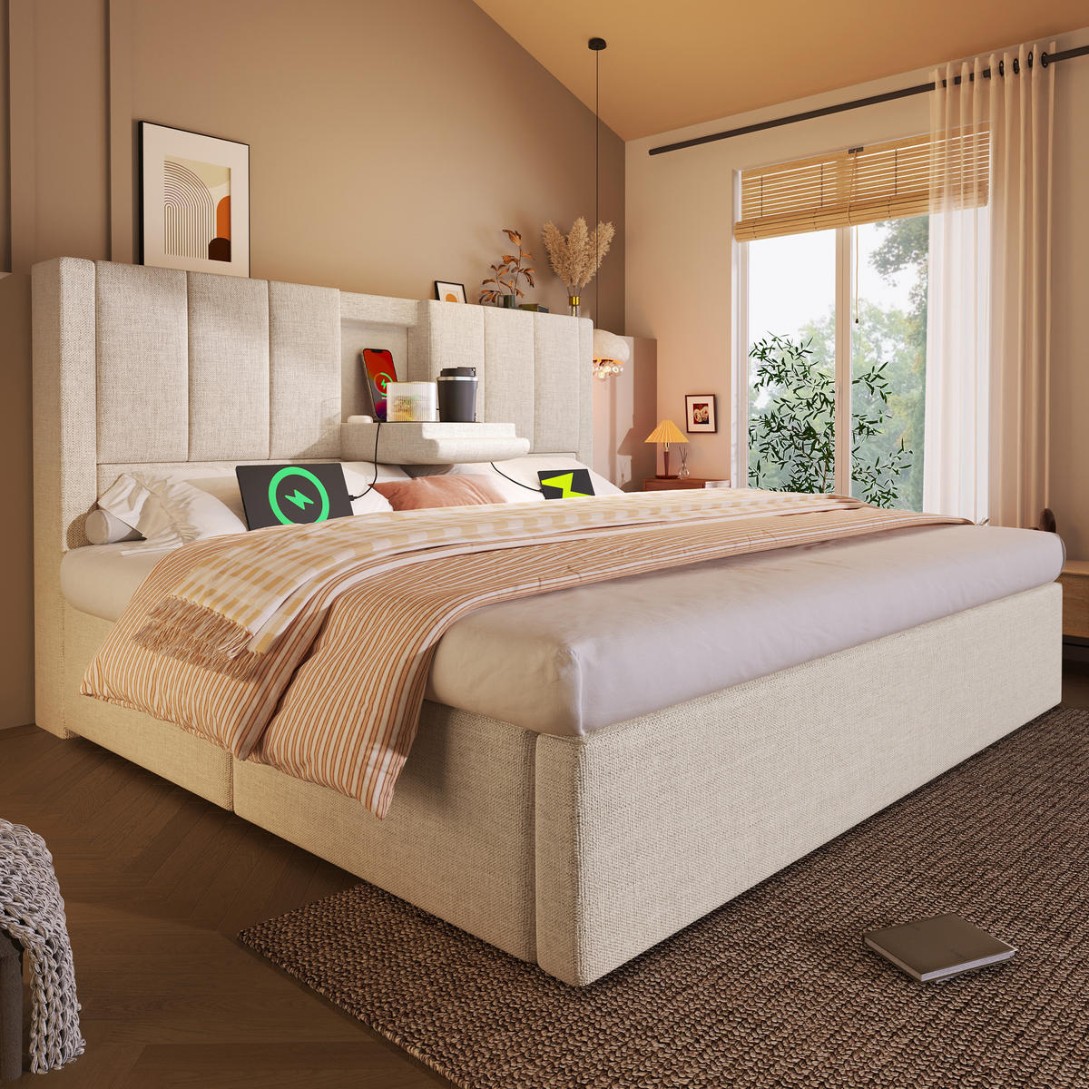 POLSTERBETT 160/200 cm mit Ladestation, verstecktem Becherhalter und hydraulischem Bettkasten, Beige - Beige, Textil (160/200cm) - Redom