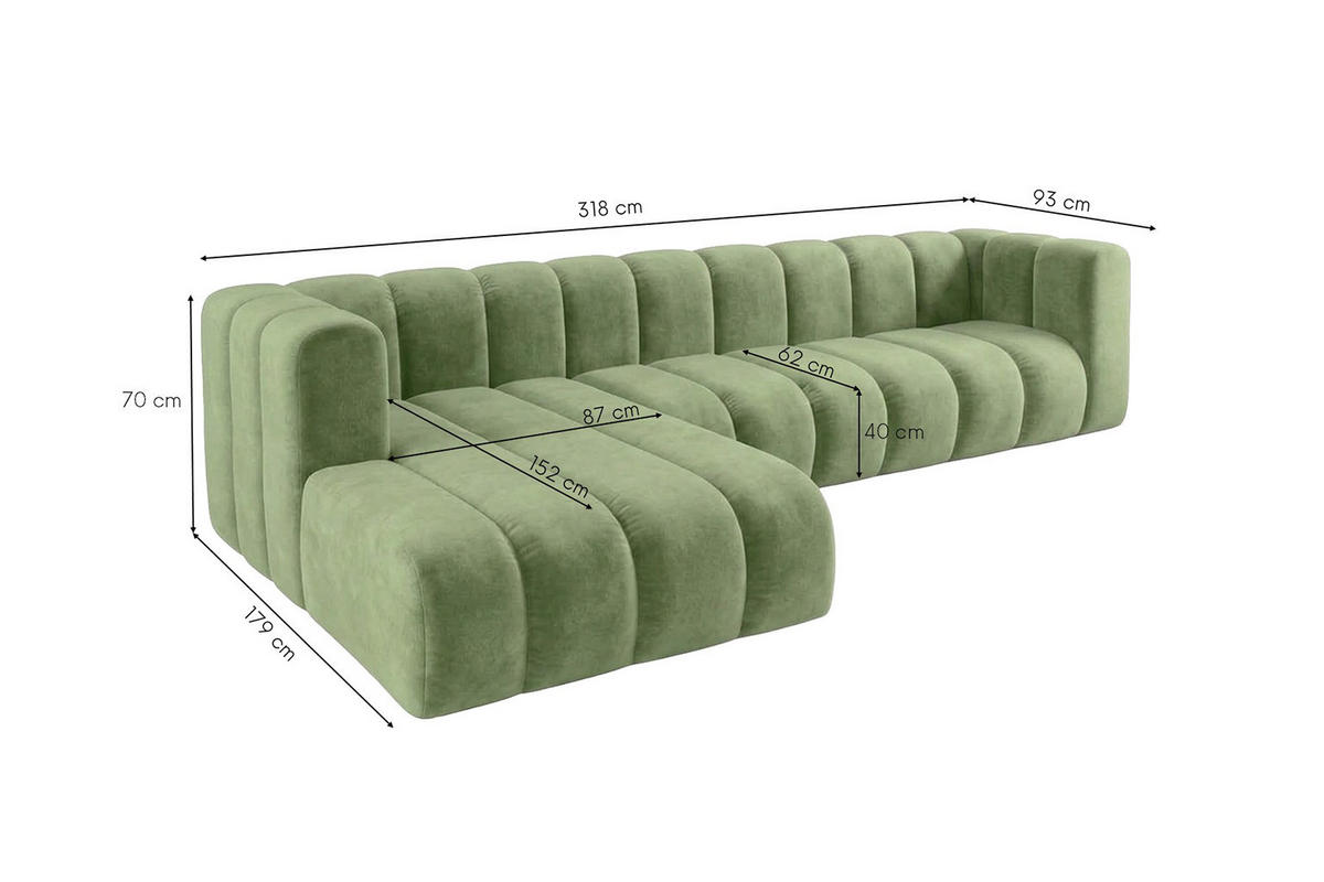 ECKSOFA Modulares In L-Form, Velvet-Stoff Riviera, Olive, Links, GRAND 318 cm - Olivgrün, Holz (318/179cm) - Kaiser Möbel