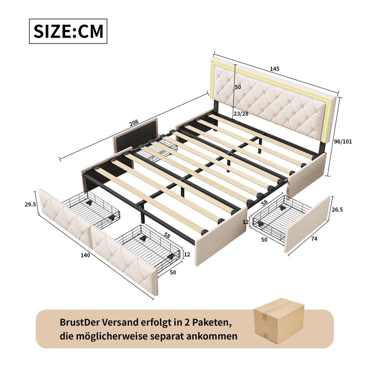POLSTERBETT 140x200 cm LED 4 Schubladen PU Leder beige - Beige, Holz (140/200cm) - LEBENLANG