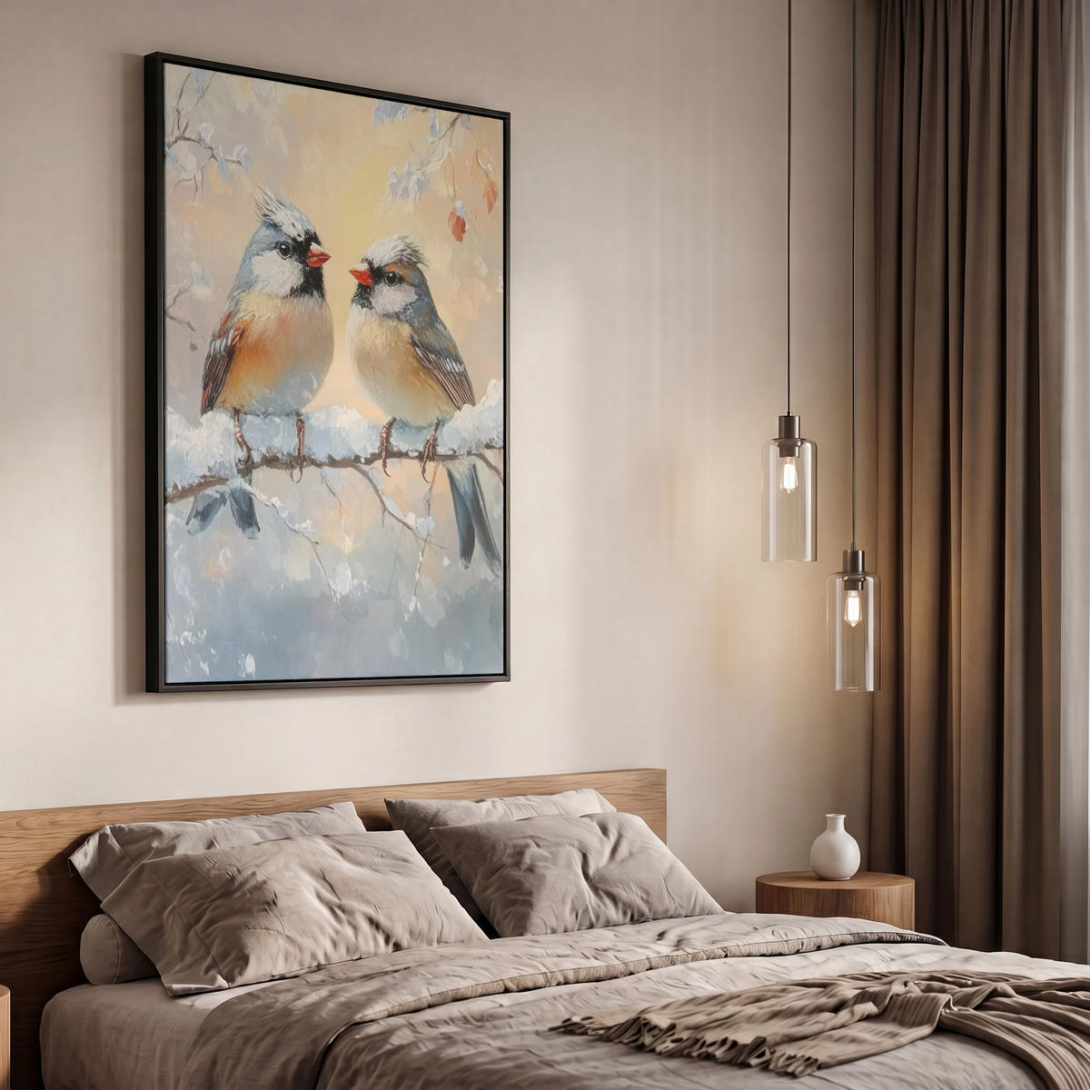 LEINWAND Bilder mit Rahmen - Vögel - Zweig - Winter - Schnee - 60x90 - Pastellblau, Textil (60/90cm) - MuchoWow