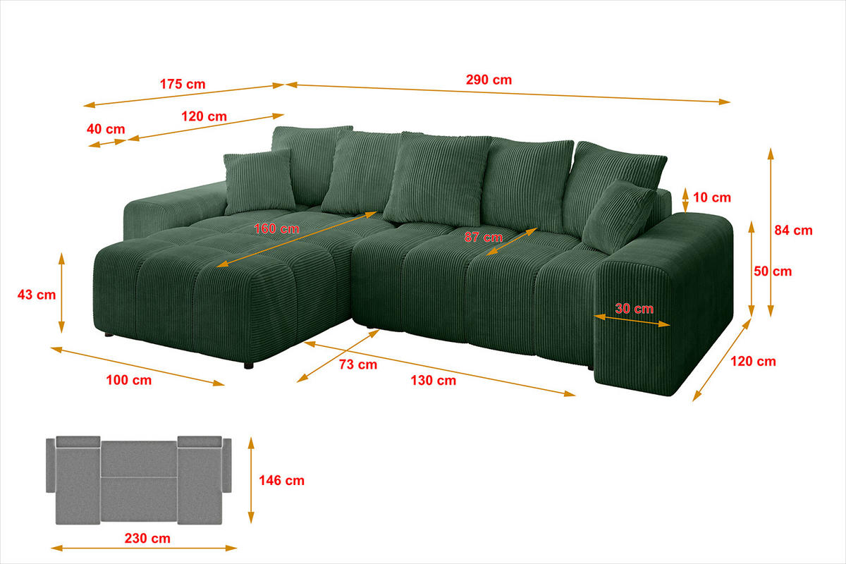 ECKSOFA Ottomane links/rechts ENIL-L 290x175x84 Grün Cord - Grün, Holzwerkstoff/Kunststoff (290/175cm) - ALTDECOR
