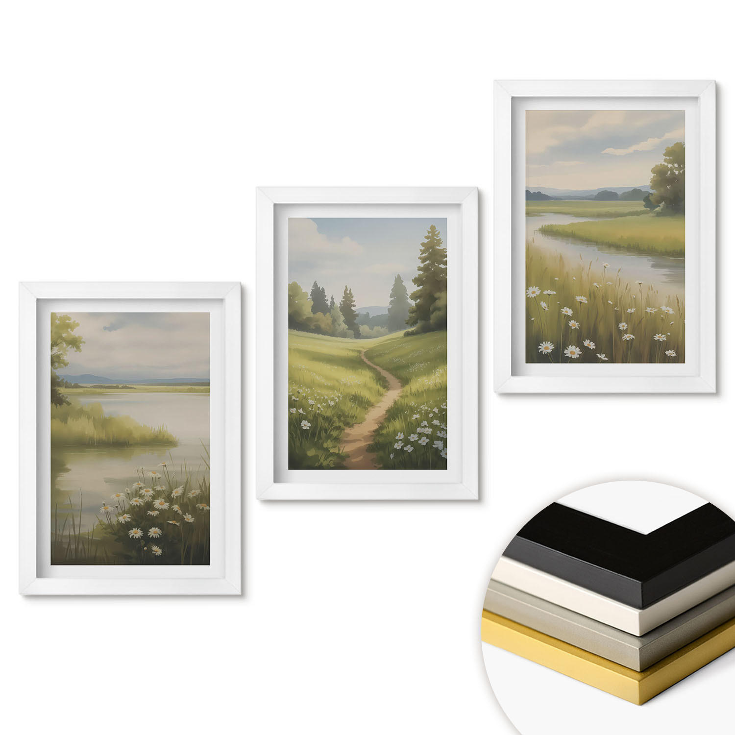 WANDBILDER 3er-Set - 20x30 cm Weißer Rahmen - Frühlingslandschaft Flusswiese - Weiß, Kunststoff (20/30cm) - ArtPrintCave
