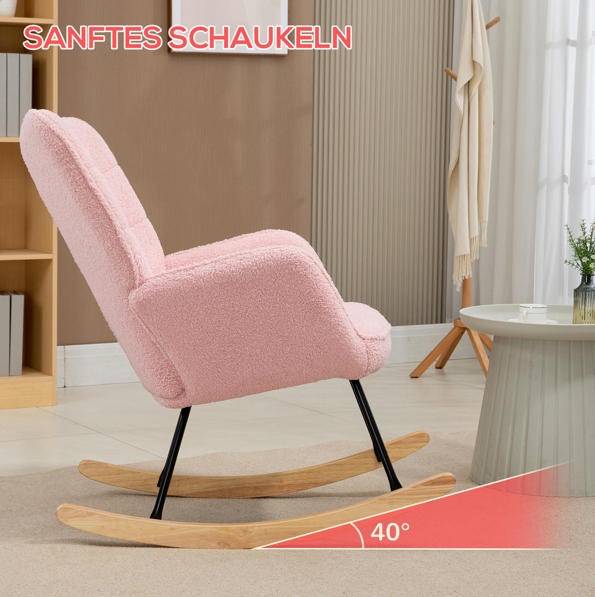 HOUPACÍ židle 98/71/101 cm polyester růžové, s funkcí houpání - růžová, textil (98/101/71cm) - BEAOK