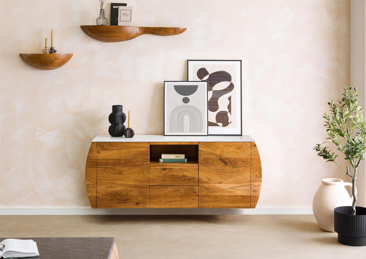 SIDEBOARD Akazie 154x40x75 natur lackiert / Marmor weiß MONTREAL #126 - Braun, Holz (154/75/40cm) - Massivmoebel24