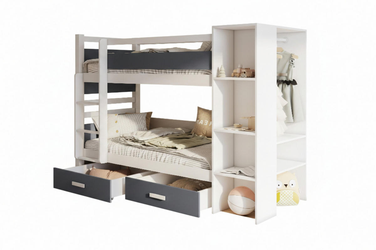 ETAGENBETT AGNES 90/200 Weiß/Graphit links - Graphitfarben/Weiß, Holzwerkstoff/Textil (90/200cm) - Deine Möbel 24