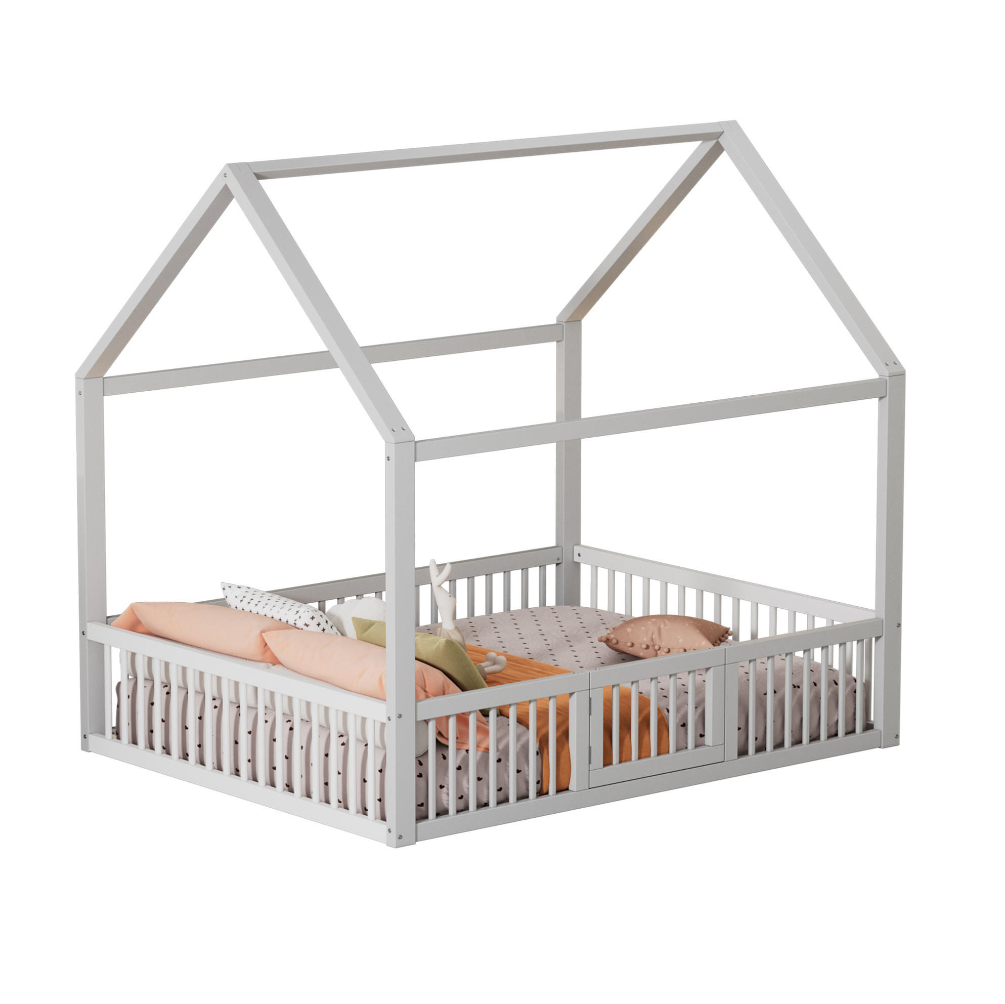 OKWISH DĚTSKÁ postel 140/200 cm bílá z borovice s bezpečnostním zábradlím a dvířky