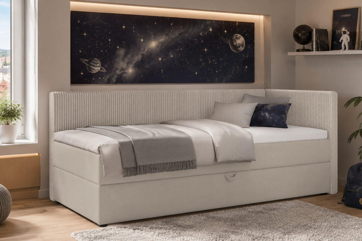 BOXBETT RICO 100/200 in Cord/Velours Ecru H4 rechts - Ecru, Holz/Holzwerkstoff (100/200cm) - Deine Möbel 24