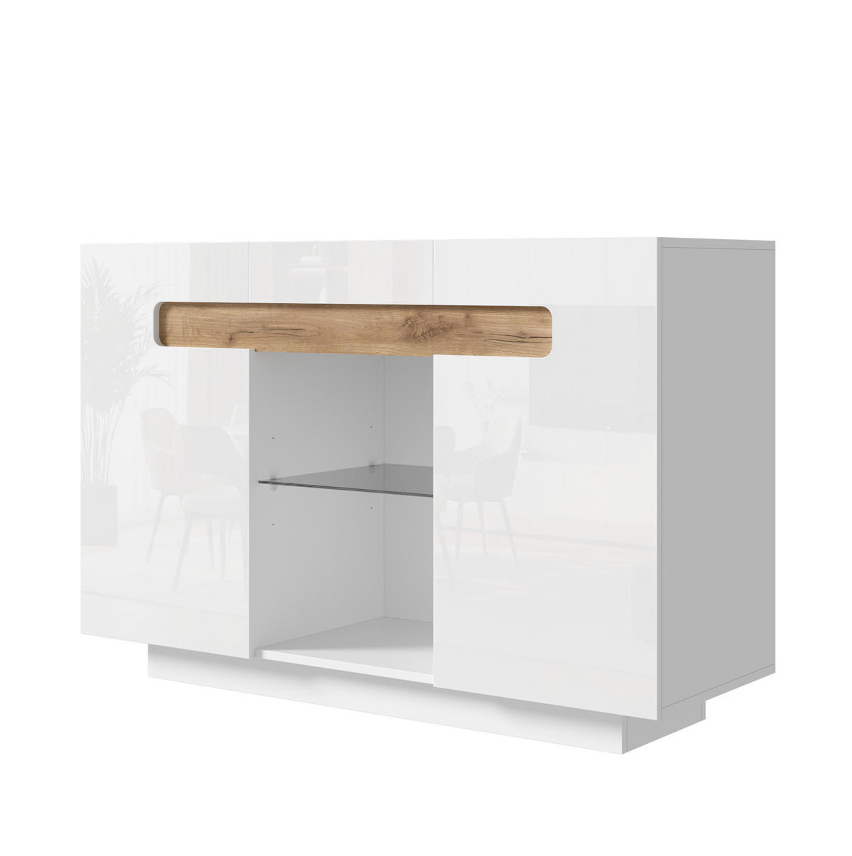 SIDEBOARD 120/40/80 cm Weiß/Natur aus Spanplatte und Glas mit LED - Weiß, Glas (120/80/40cm) - OKWISH