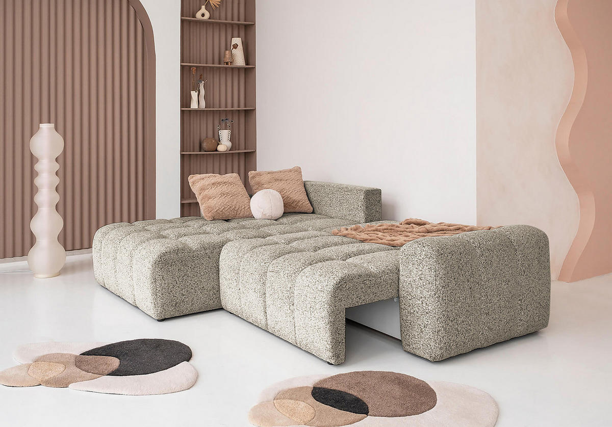 ECKSOFA mit Schlaffunktion - Strukturstoff - Beige/Schwarz, Kunststoff/Textil (268/184cm) - home24