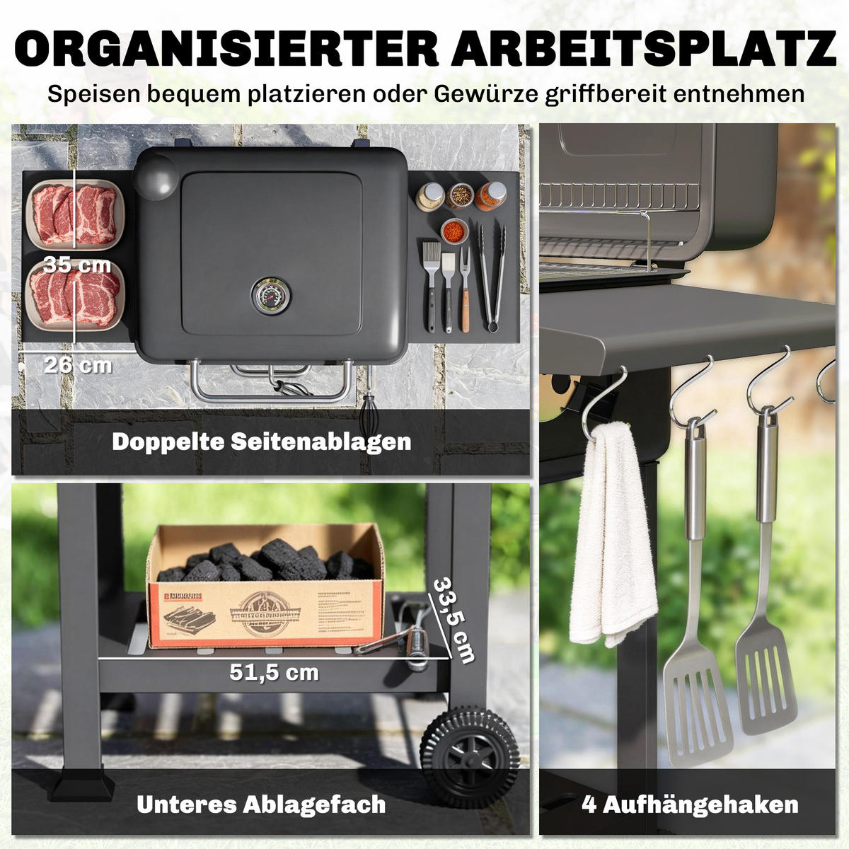 HOLZKOHLEGRILL DE-10297 - Schwarz, Metall (65/115/112cm) - ComfortXL