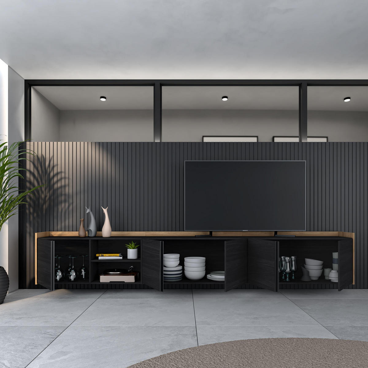 LOWBOARD, Schwarz und Eiche, 309/35/50cm, Hängend - Schwarz, Holzwerkstoff (309/50/35cm) - Skraut Home