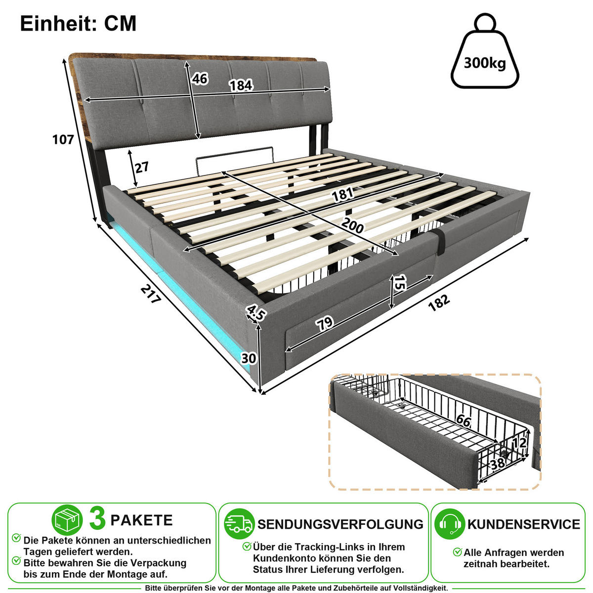 ČALOUNĚNÁ POSTEL 180/200 cm v šedé barvě s úložným prostorem, LED, USB a Type-C z lněné látky - šedá, kov/kompozitní dřevo (180/200cm) - CHICFURN