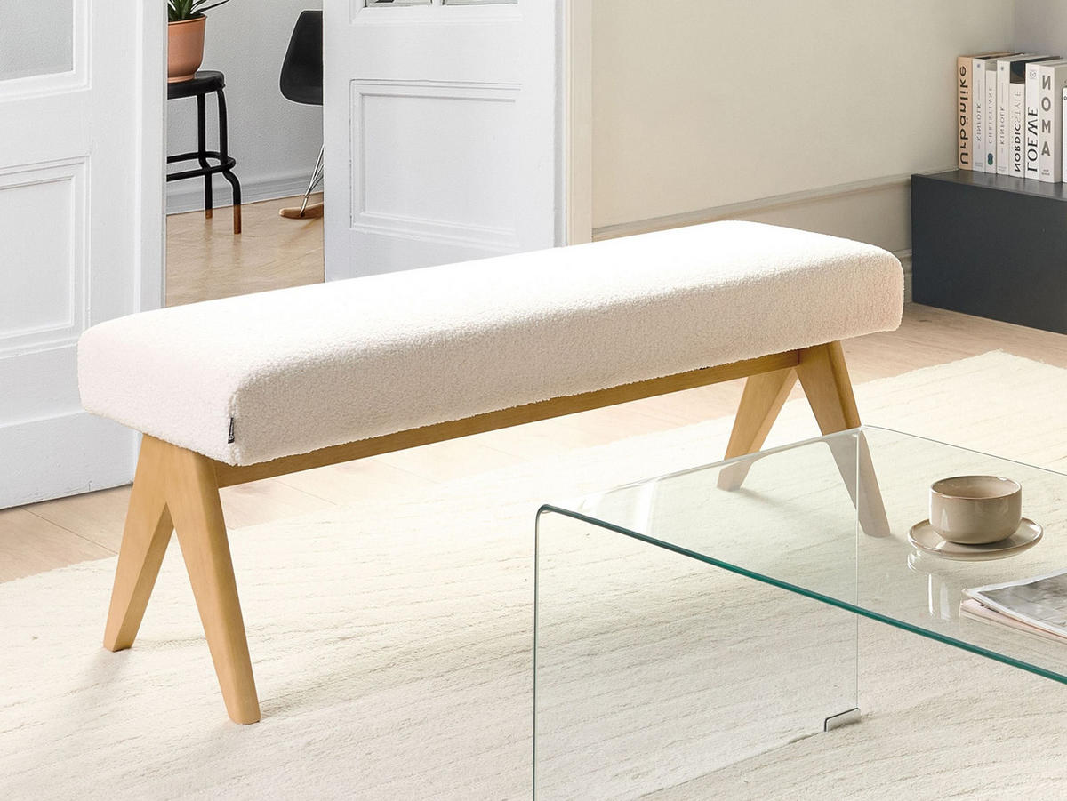 POLSTERBANK Cremeweiß/Hellbraun Tamre - Creme/Braun, Holz/Textil (118/48/46cm) - Beliani