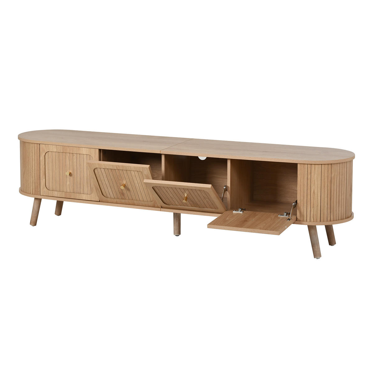 TV-LOWBOARD 180 x 38 x 47 cm, 4 Türen, goldene Griffe, Holzfüße, Natur - Naturfarben, Holzwerkstoff (180/47/38cm)