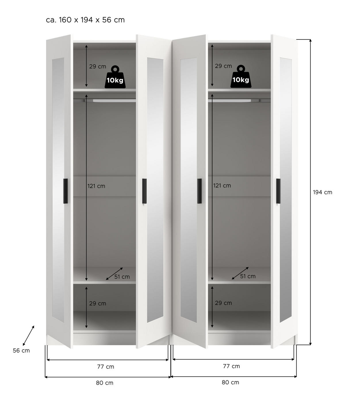 KLEIDERSCHRANKKOMBINATION VISBY (B/H/T: ca. 160/194/56 cm) in weiß/weiß - Weiß, Holzwerkstoff (160/194/56cm)