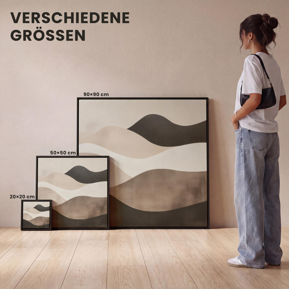 LEINWAND Bilder mit Rahmen - Abstrakt - Landschaft - Wellen - Cremefarben - 20x20 - Cappuccino, Textil (20/20cm) - MuchoWow