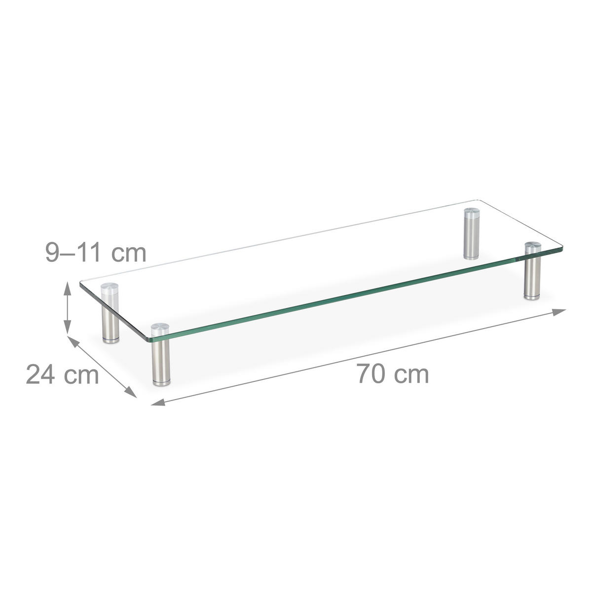 BILDSCHIRMSTÄNDER Transparent Silber gehärtetes Glas höhenverstellbar 70x24 cm - Transparent, Glas/Metall (24/70/11cm) - Relaxdays