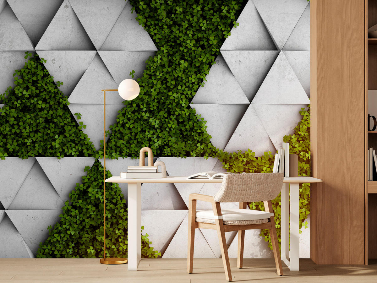 FOTOTAPETE für Wohnzimmer Klee Beton Dreiecke Abstraktion Modern 450x315 - Grau/Grün, Papier (450/315cm) - Muralo