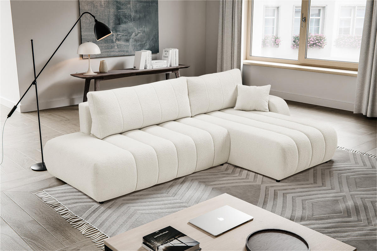 ECKSOFA Baloo mit Schlaffunktion und Bettkasten, komfortable Polsterung, Stoffbezug, lose Rückenkissen, freistehend, RECHTS, 276x176x88 cm, White - Weiß, Holz/Textil (276/176cm) - DomoHome
