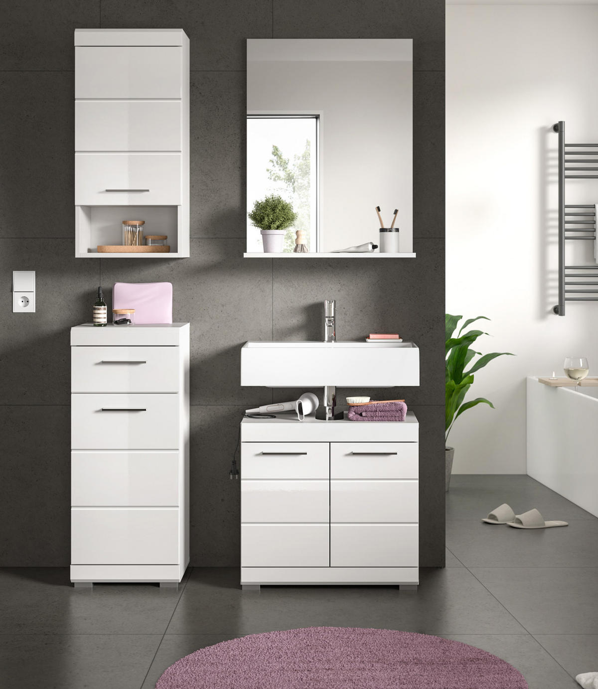 BADMÖBEL-SET weiß Hochglanz 4-teilig 112 cm, Komplettset mit viel Stauraum - Weiß Hochglanz, Glas/Holzwerkstoff (112/191/34cm) - Inn.Furn