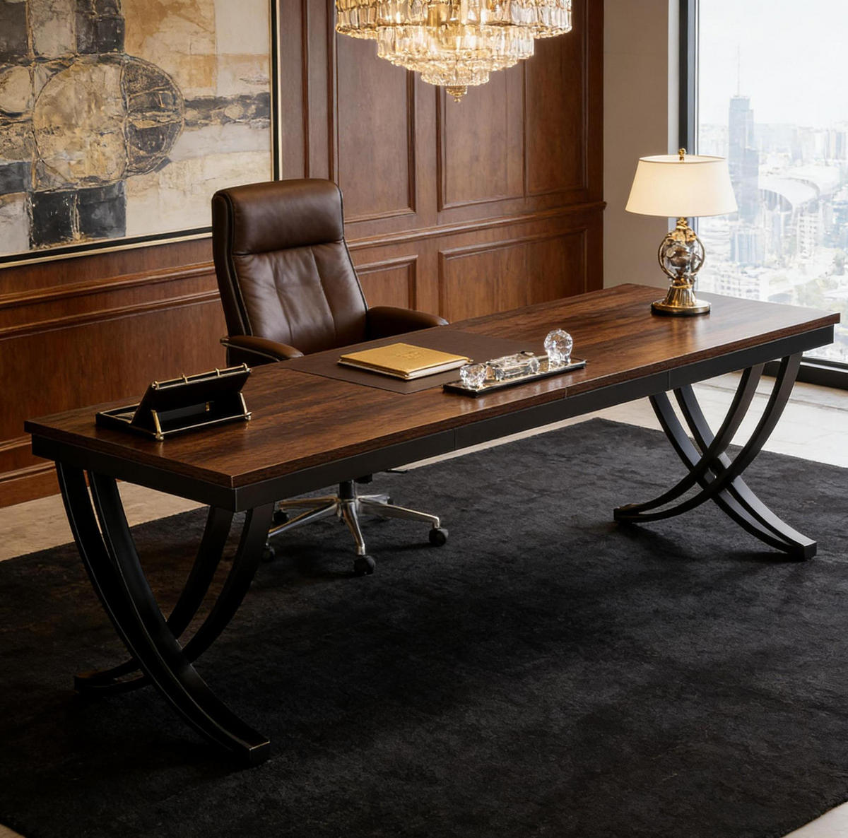 SCHREIBTISCH für 2 Personen 200 x 70 cm Metall Holz Black Rustic Brown - Schwarz, Metall (200/70/75cm) - Meubliv