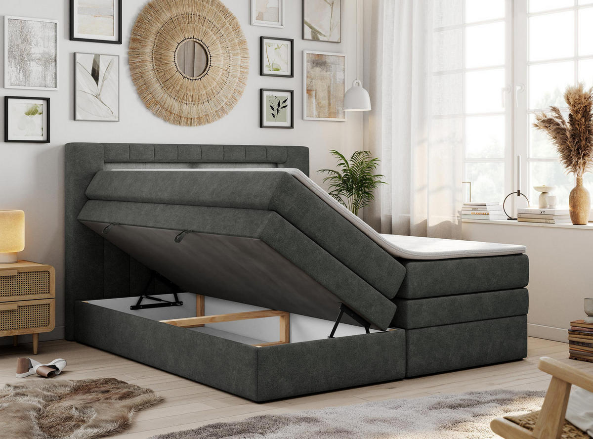 BOXSPRINGBETT GOLD-5 KING LED 160/200 Dunkelgrau Struktur - H3 - Dunkelgrau, Holz/Textil (160/200cm) - MKS