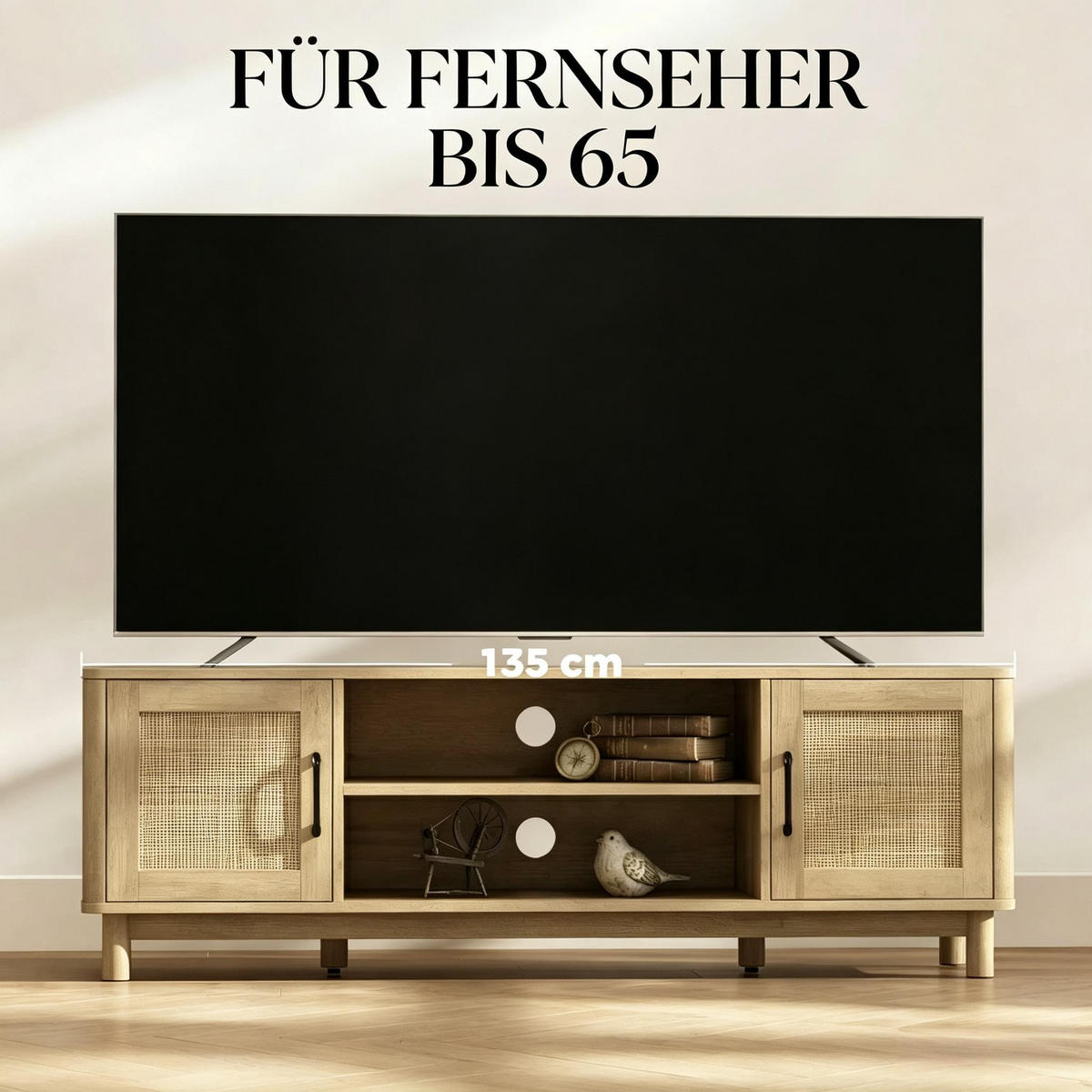 TV-SCHRANK 135/39/45 cm Eiche mit 2 Rattan-Türen und offenen Fächern - Eichefarben, Holz/Holzwerkstoff (135/45/39cm) - Oxeza