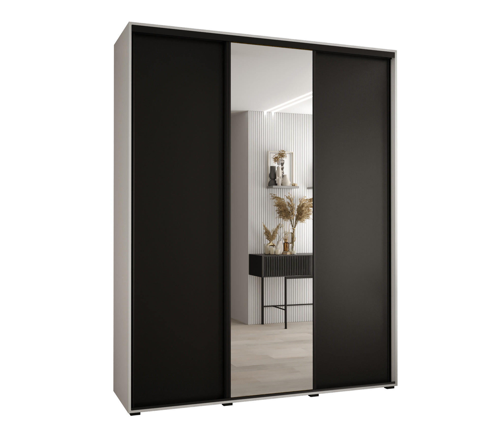 Abiks Möbel Schwebetürenschrank Weiß, Schwarz, Schwarz 190x235x60 cm