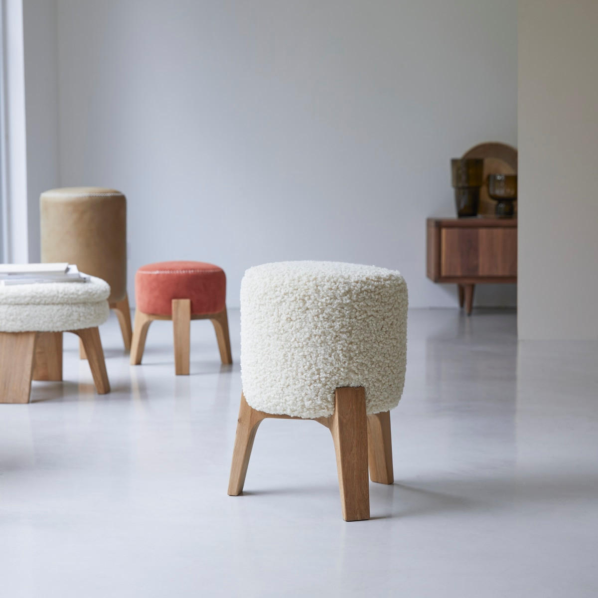 HOCKER Drum Weiß aus Stoff - Weiß, Textil (40/48/40cm) - Tikamoon