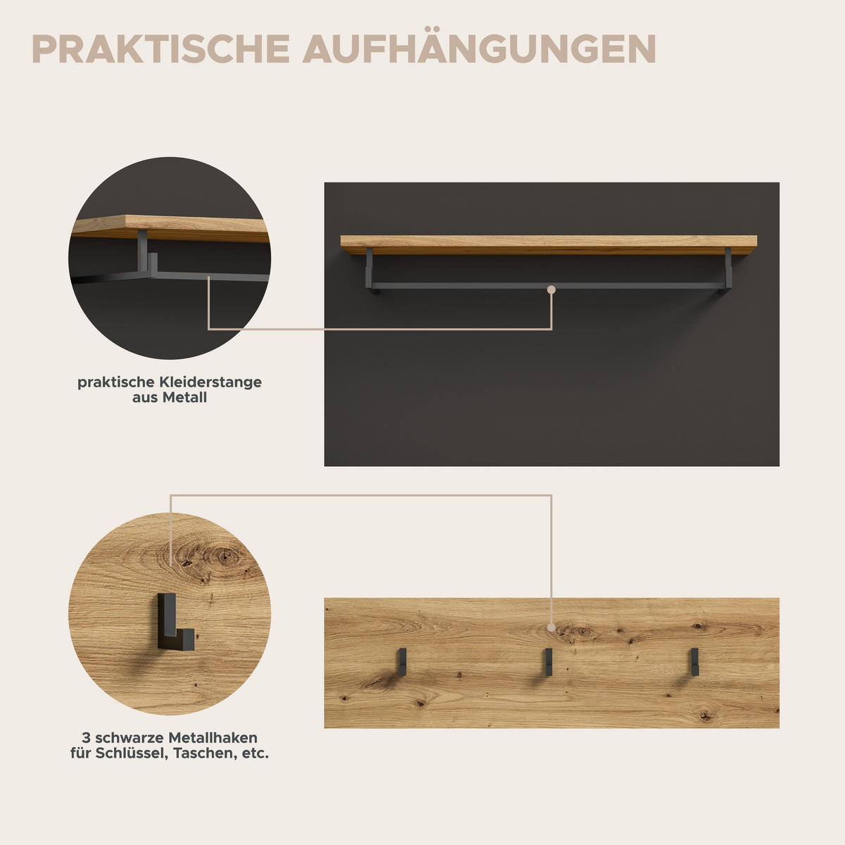 GARDEROBEN-SET inkl. Sitzkissen CANU 6-tlg. (B/H/T: ca. 255/190/37 cm) in Basalt grau/Artisan Nachbildung - Grau, Holzwerkstoff (255/190/37cm)