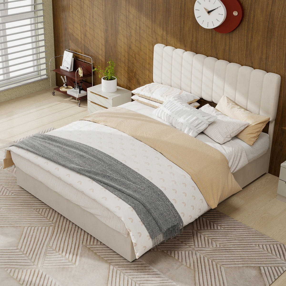 POLSTERBETT 140/200 cm beige aus Stoff und Metall mit gepolstertem Kopfteil - Beige, Textil (140/200cm) - OKWISH