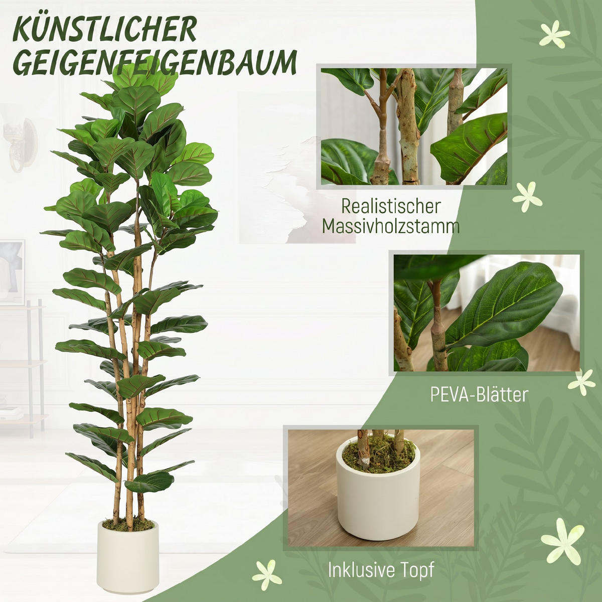 KUNSTPFLANZE Kunststoff Grün - Weiß/Grün, Holz/Kunststoff (180cm) - HOMCOM