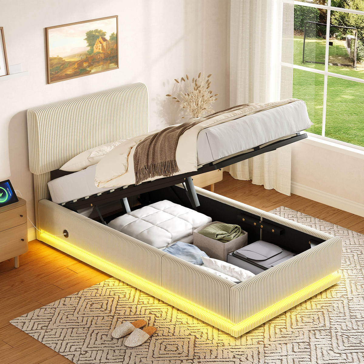 POLSTERBETT 90x200 cm LED USB Stauraum beige - Beige, Textil (90/200cm) - LEBENLANG