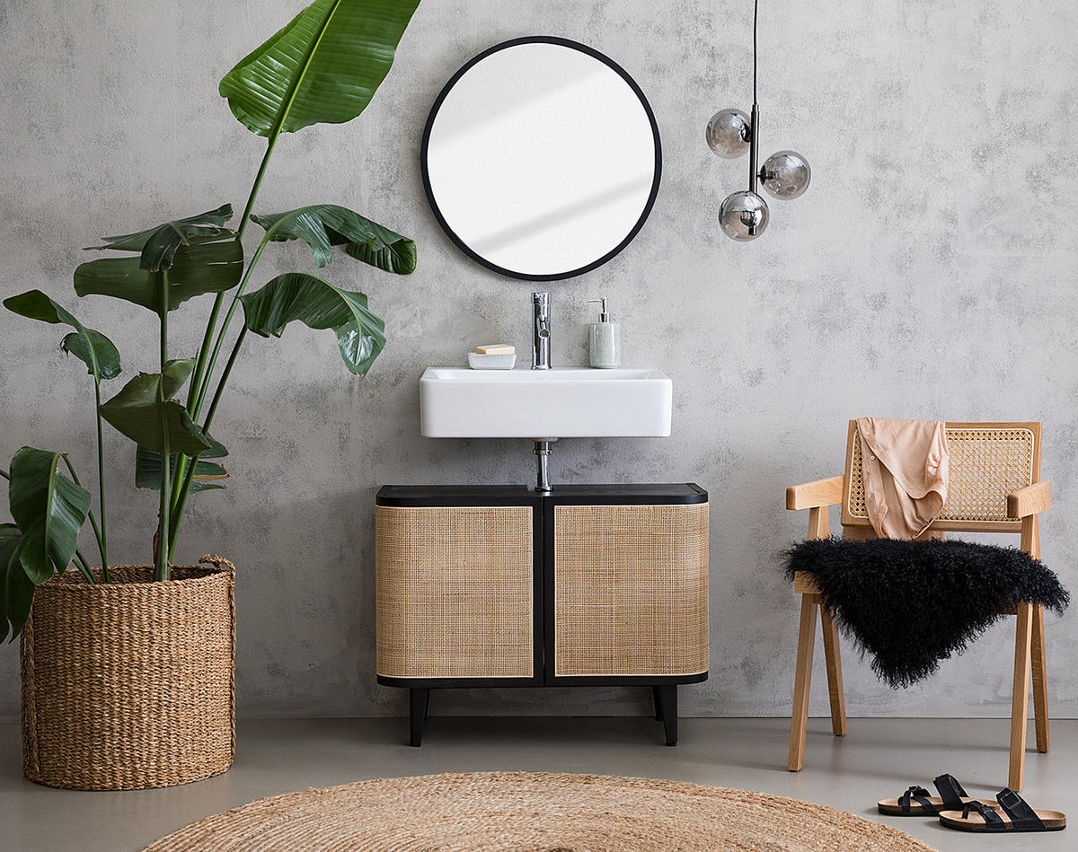 WASCHBECKENUNTERSCHRANK - Rattan / Eiche teilmassiv - Eichefarben/Schwarz, Naturmaterialien/Eichenholz (80/60/40cm) - home24