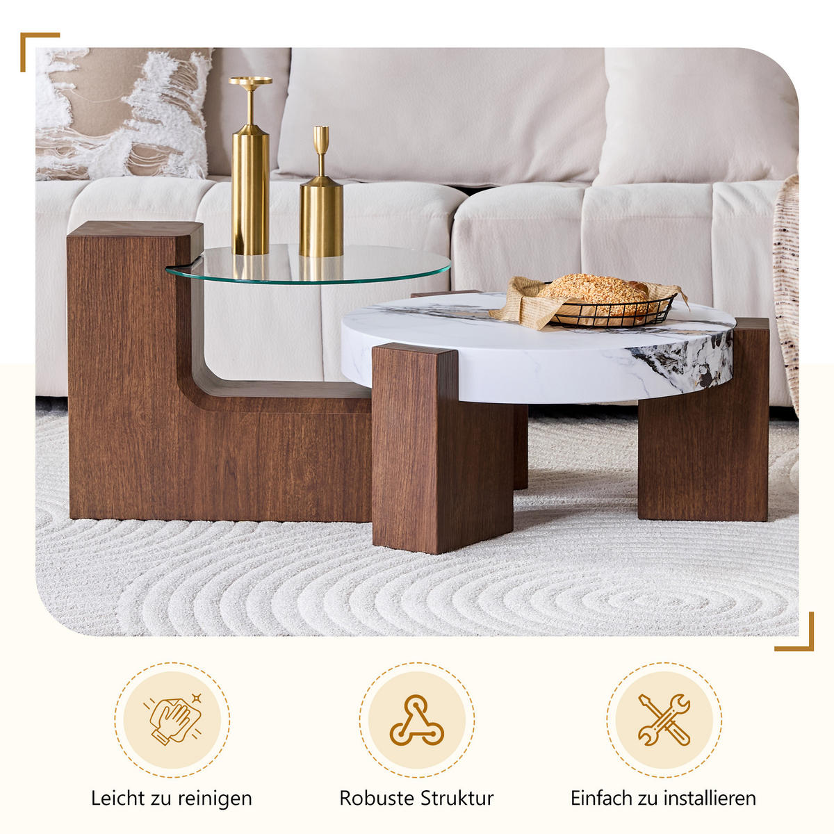 COUCHTISCH in Naturfarbe und Weiß 2er-Set Couchtisch-Kombination für Wohnzimmer, B44/T62/H44 cm, Ø61/H30 cm - Walnussfarben/Weiß, Glas/Holzwerkstoff (61/61/30cm) - STILVORA