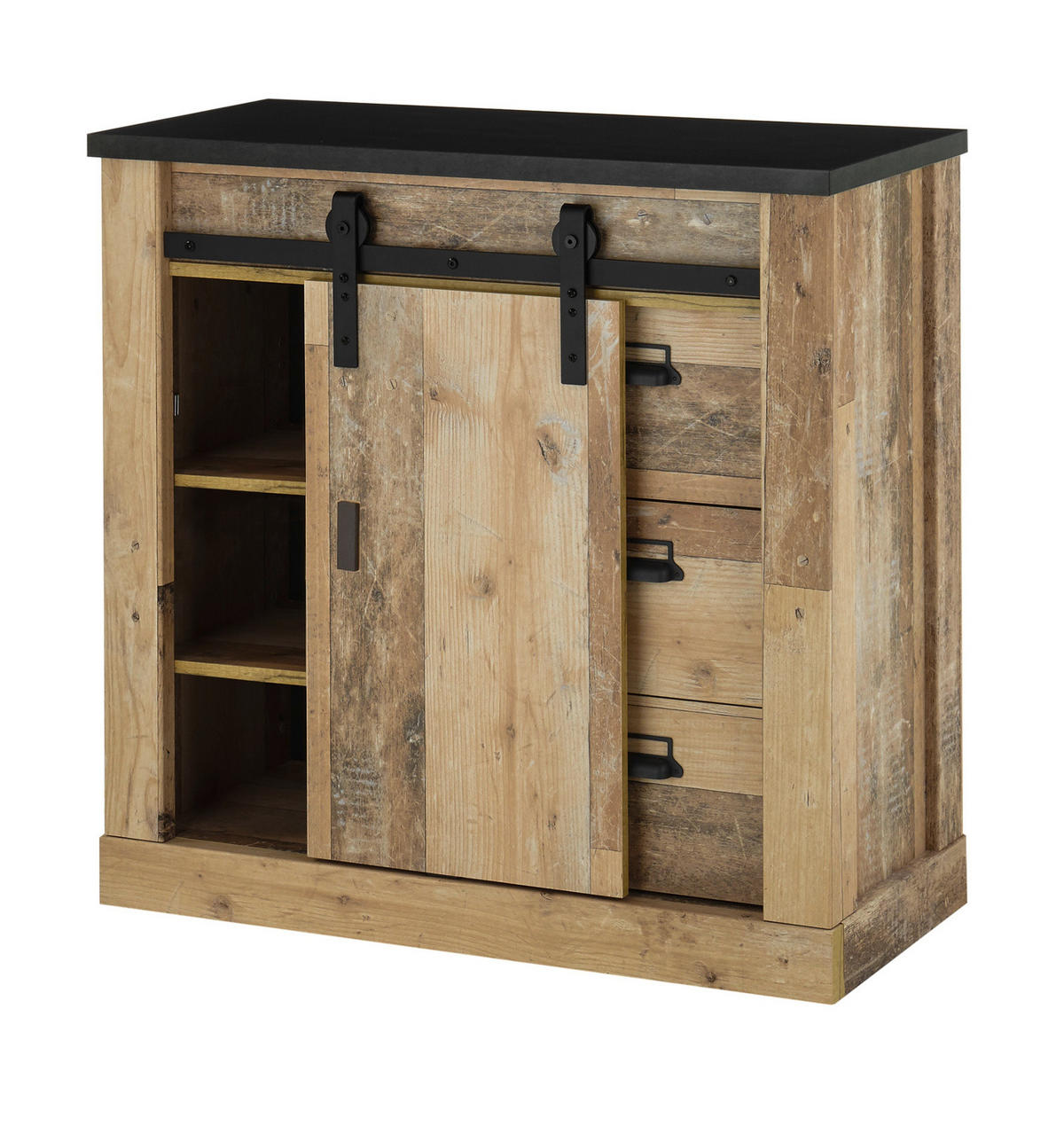 WOHNWAND Used Wood hell, anthrazit 3-teilig 314 cm, Schrankwand mit Soft-Close - Anthrazit/Schwarz, Holzwerkstoff/Metall (314/180/43cm) - Furn.Design