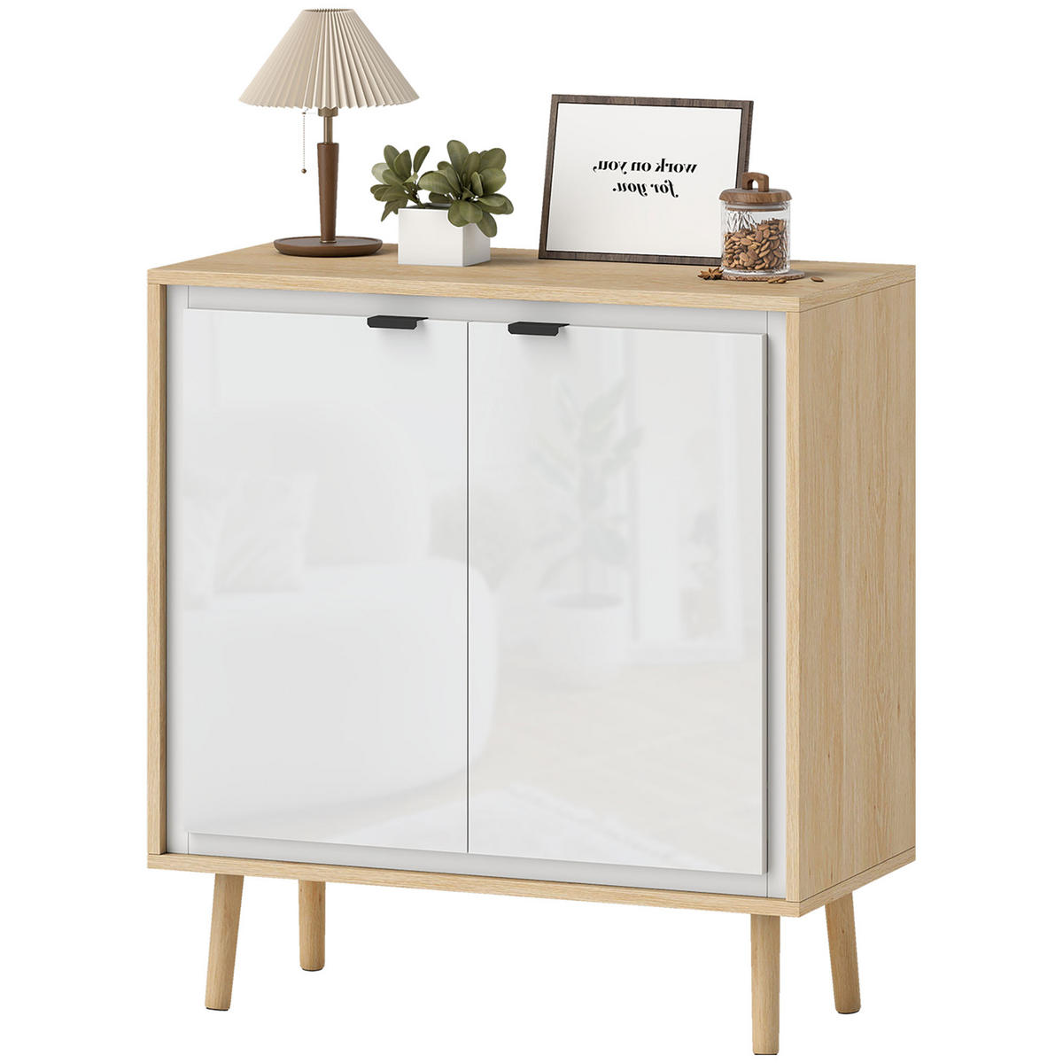 SIDEBOARD Weiß-Hochglanz und Eiche-Nachbildung, 72/35/77 cm - Weiß, Holz (72/77/35cm) - PANGIVO