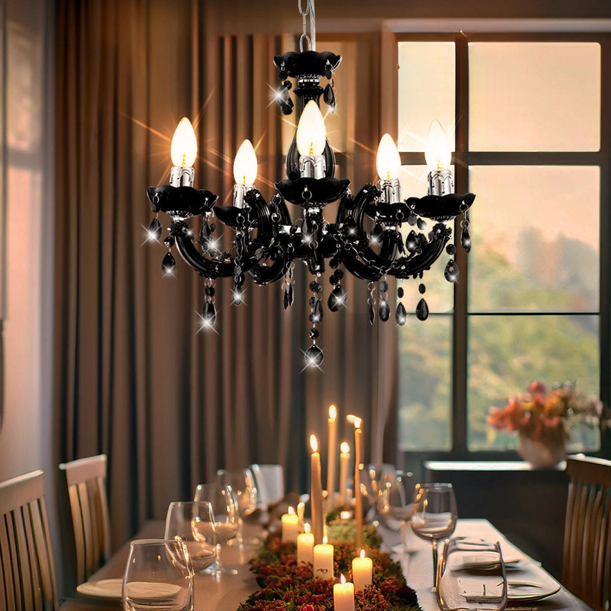 KRONLEUCHTER Kristalloptik Schwarz 5-flammig - Schwarz, Metall (44/44/128cm) - Globo Lighting