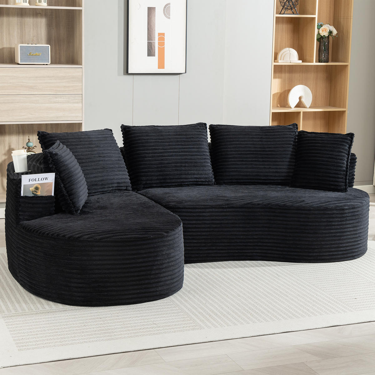 ECKSOFA Cord Schwarz mit Getränkehaltern, Seitentaschen und Kissen - Schwarz, Textil (250/152cm) - WISHDOR